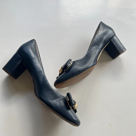 Louise Et Cie Women’s Lilla Leather Bow Heels Navy Blue Gold Size 7M Slip On - Picture 4 of 6